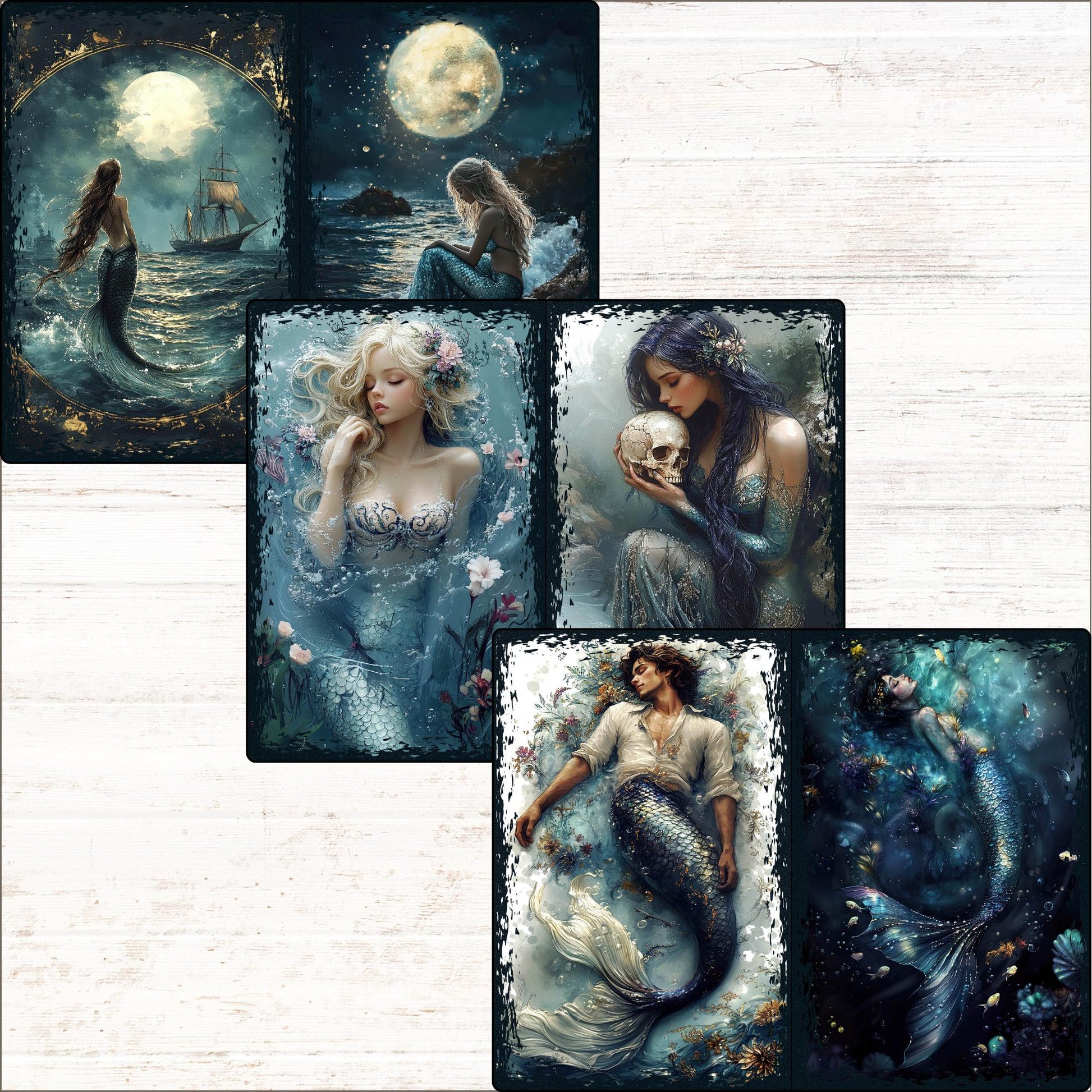 four pictures of mermaids and a girl with a skull