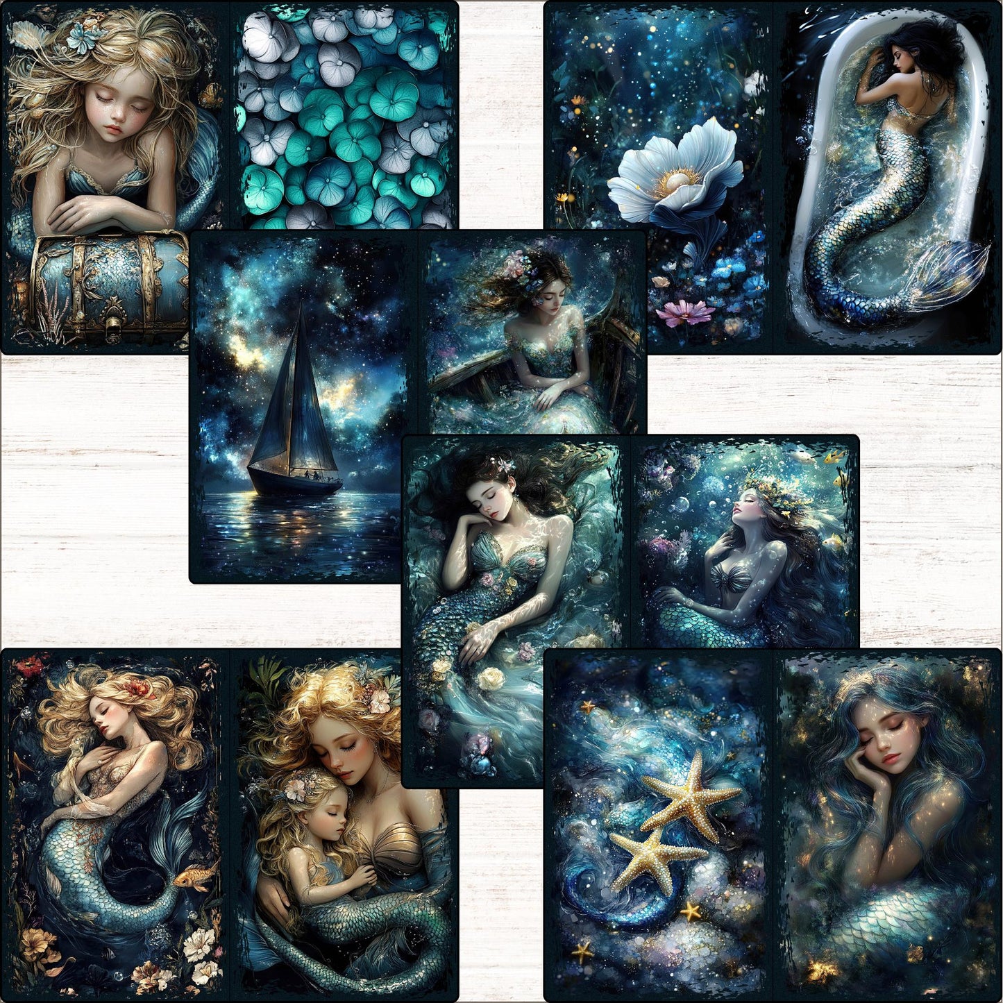 a collage of images of mermaids and stars